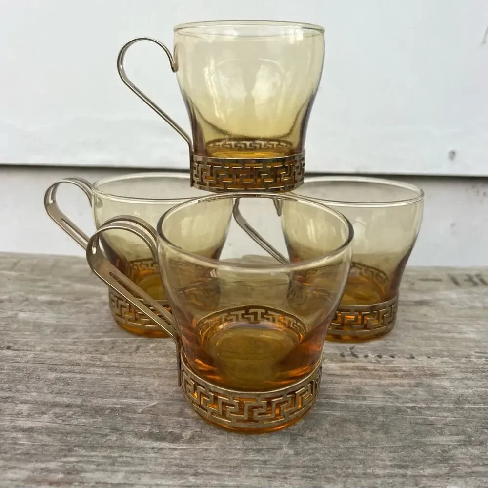 Libbey MCM Greek Key Punch Brass Holder Amber Glass Tiki Glasses Cups Set of 4
